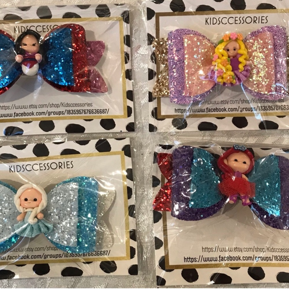 Bundle of 4 Glitter Character Hair Bows - Blue, Purple, Pink, Red. New